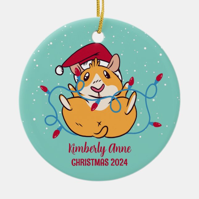 Cute Guinea Pig Christmas Snowy Winter Holiday Ceramic Tree Decoration (Front)