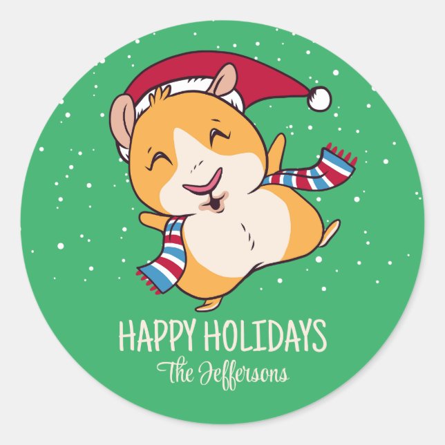 Cute Guinea Pig Christmas Snowy Winter Holiday Classic Round Sticker (Front)