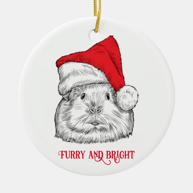 Cute Guinea Pig & dog with Christmas hat  Ceramic Tree Decoration (Front)