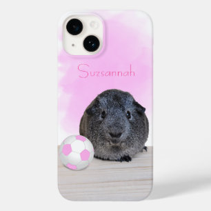 Cute Guinea Pig Girly Pink Soccer Ball Custom Name Case-Mate iPhone 14 Case