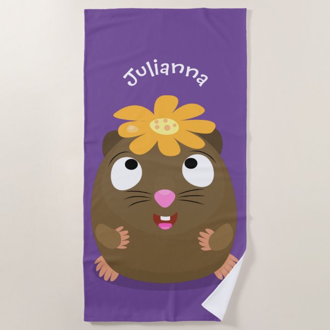 Cute guinea pig happy cartoon illustration beach towel (Front)