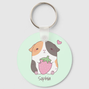 Cute Guinea Pig Hugs Strawberry Personalised Key Ring