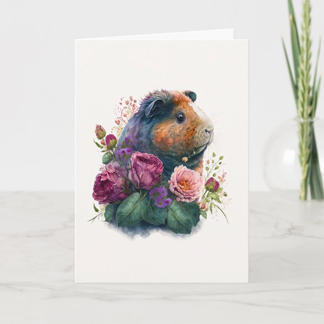Cute Guinea Pig in Magenta Flowers Valentine's Day Holiday Card (Front)