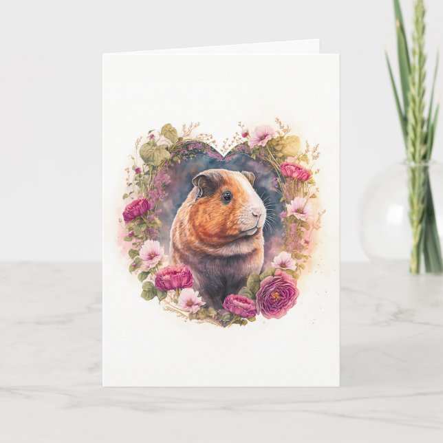 Cute Guinea Pig in Pink Flowers Valentine's Day Holiday Card (Front)