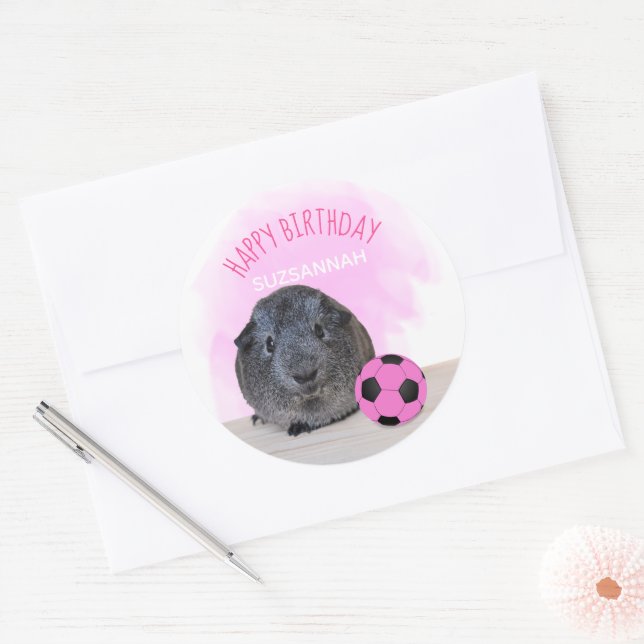 Cute Guinea Pig Pink Soccer Ball Birthday Custom Classic Round Sticker (Envelope)