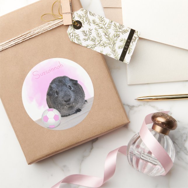 Cute Guinea Pig Pink Soccer Ball Custom Name Classic Round Sticker (Gifting)