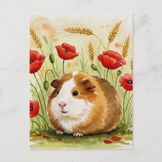 Cute Guinea pig Poppy Flowers Postcard (Front)