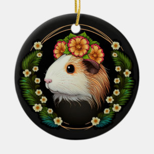Cute guinea pig with a crown of primroses ceramic tree decoration