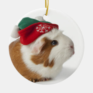Cute Guinea Pig With Christmas Hat On White Ceramic Tree Decoration