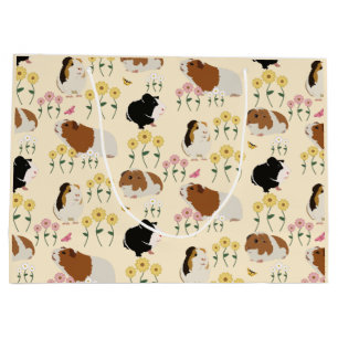 Cute Guinea Pigs In Flower Garden Pattern - Yellow Large Gift Bag