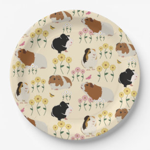Cute Guinea Pigs In Flower Garden Pattern - Yellow Paper Plate