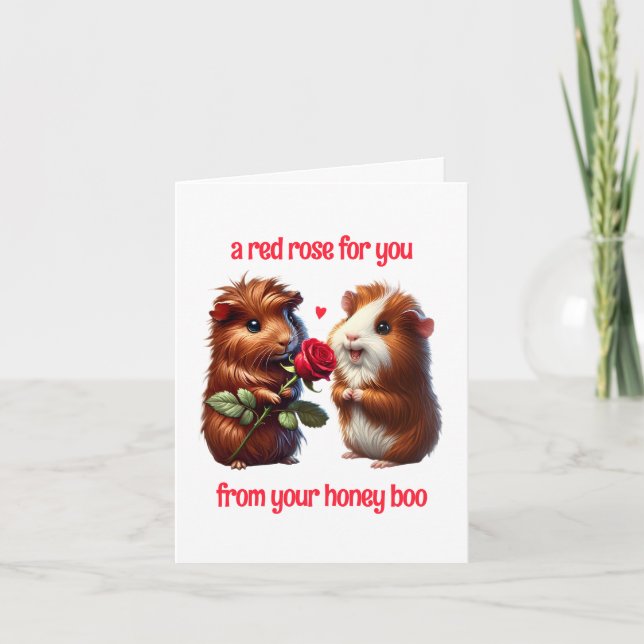 Cute Guinea Pigs in Love Exchange a Red Rose Holiday Card (Front)