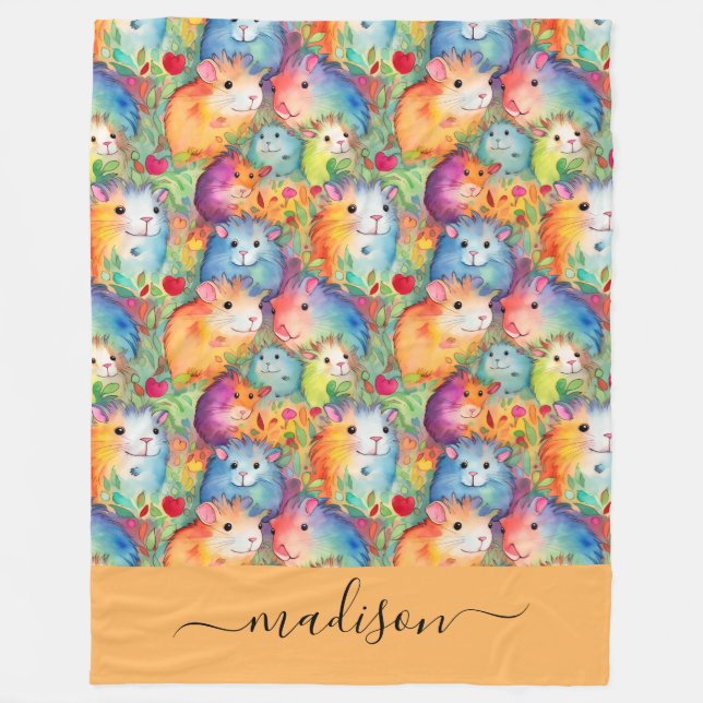 Cute guinea pigs pattern script name fleece blanket (Front)