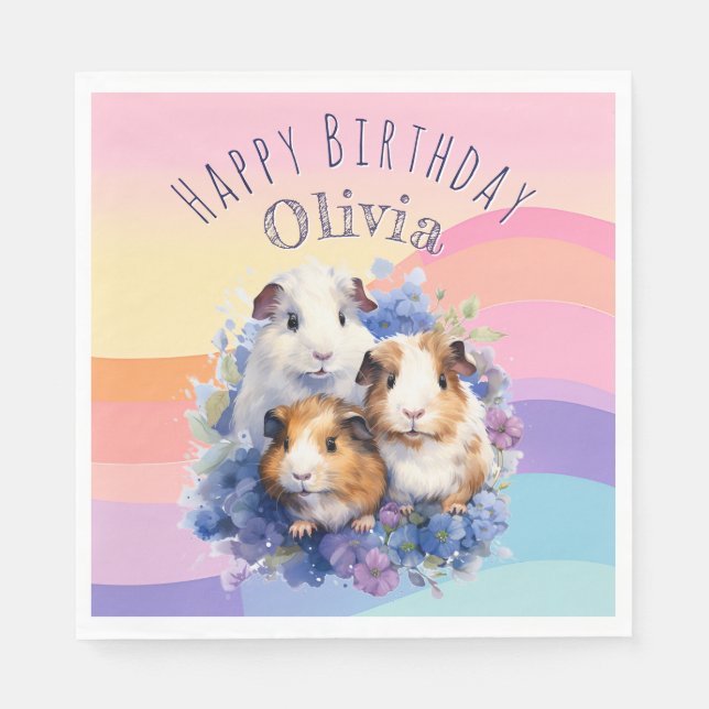 Cute Guinea Pigs Pet Animals Happy Birthday Napkin (Front)