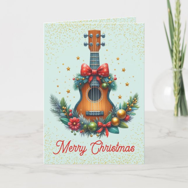 Cute Guitar and Garland Christmas Card (Front)