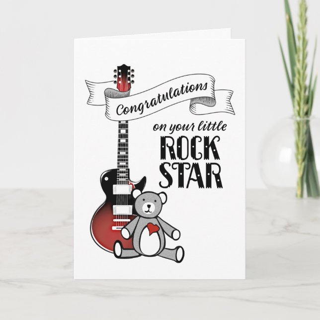 Cute Guitar Teddy Rockstar Rock Roll Baby Shower C Card (Front)
