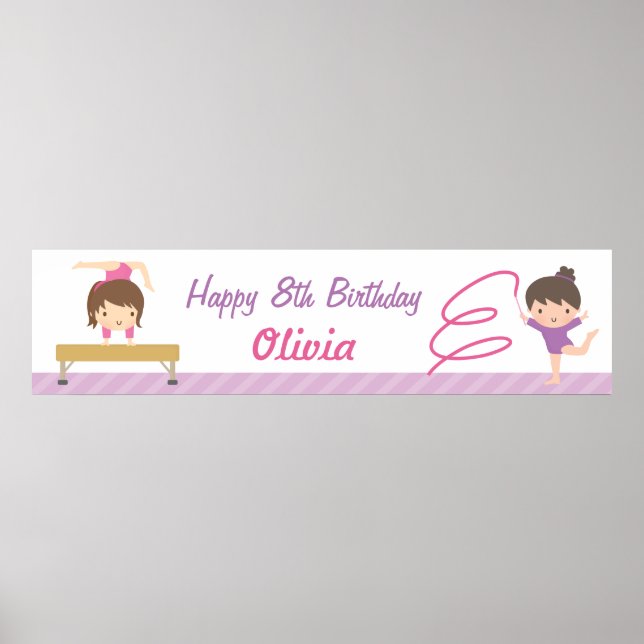 Cute Gymnastics Girls Birthday Party Banner Poster (Front)