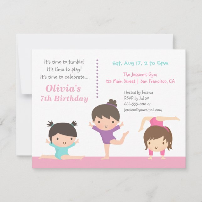 Cute Gymnastics Girls Birthday Party Invitations (Front)