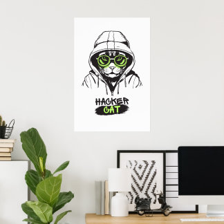 Cute Hacker Cat Illustration – Cybersecurity gift Poster