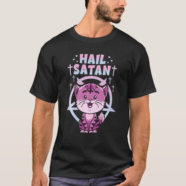 Cute Hail Satan Cat Rainbow Kitty Satanic Heavy Me T-Shirt (Front)