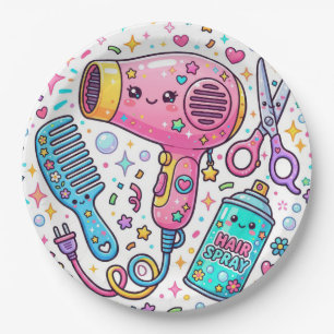 Cute Hair Stylist Tools in Kawaii Art Style Paper Plate