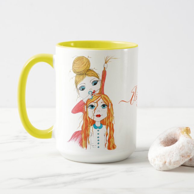 Cute Haircut Whimsical Art Illustration Name Mug (With Donut)