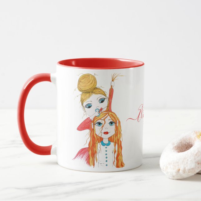 Cute Haircut Whimsical Illustration Add Name Mug (With Donut)