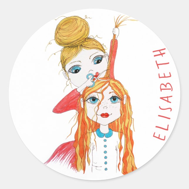 Cute Haircut Whimsical Illustration Personalised Classic Round Sticker (Front)