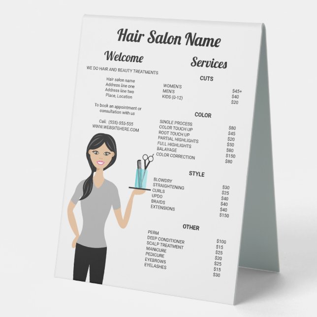 Cute Hairdresser Woman Drawing Hair Salon Menu (Front)