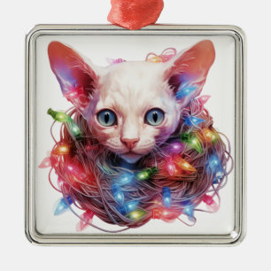 CUTE HAIRLESS HOLIDAY CHRISTMAS KITTEN WITH LIGHTS METAL TREE DECORATION