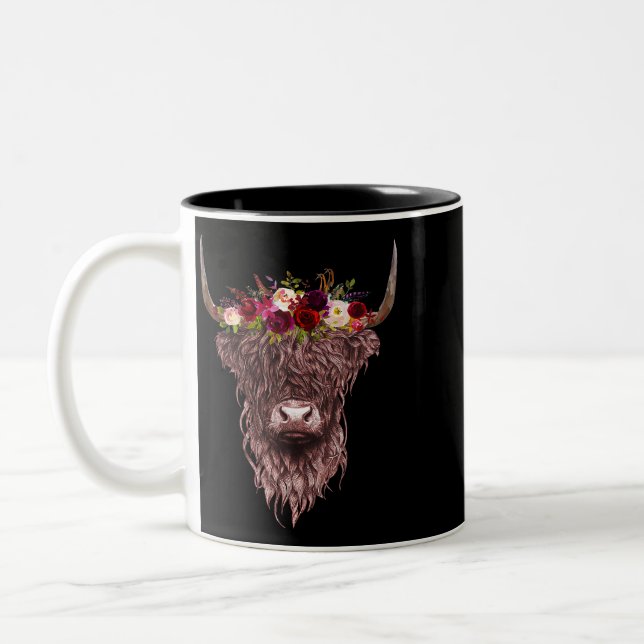 Cute Hairy Scottish Highland Cow Highland Hairy Co Two-Tone Coffee Mug (Left)
