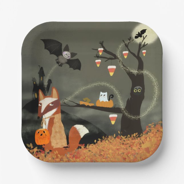 Cute Halloween Animals Square Paper Plate (Front)