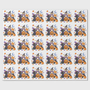 Cute Halloween Animals - Witch Black Cat Owl Fox P Wrapping Paper