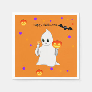 Cute Halloween Baby Ghost & Pumpkins on Orange Napkin