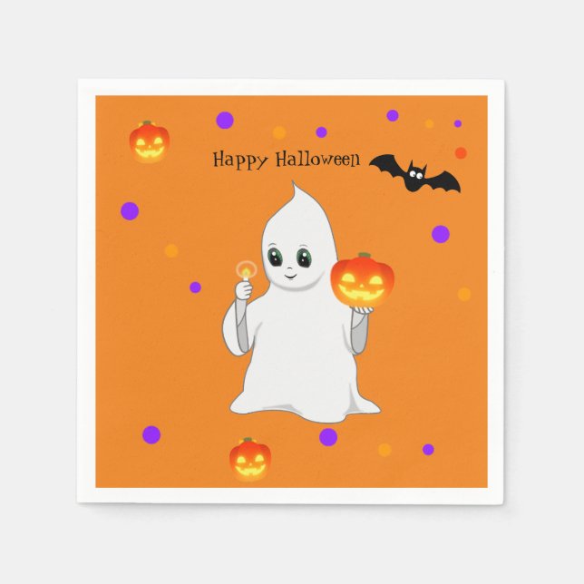 Cute Halloween Baby Ghost & Pumpkins on Orange Napkin (Front)