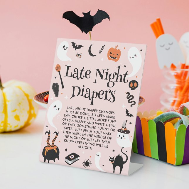 Cute Halloween Baby Shower Game Late Night Diapers Pedestal Sign (Creator Uploaded)