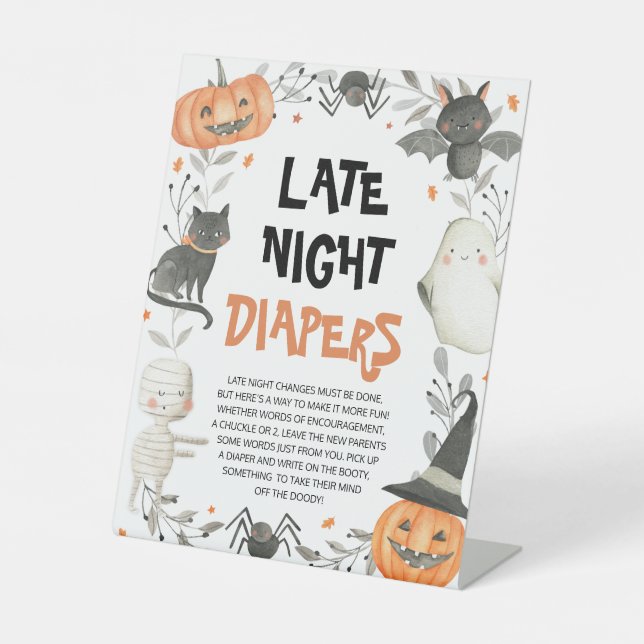Cute Halloween Baby Shower Late Night Diapers Sign (Front)