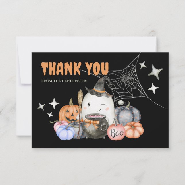 Cute Halloween Baby Shower Pumpkin Little Boo Flat Thank You Card (Front)