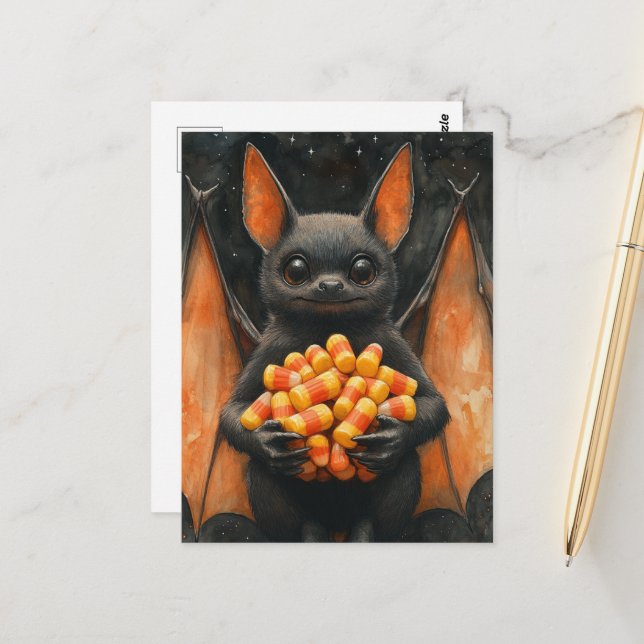 Cute Halloween Bat Cat With Candy Postcard (Front/Back In Situ)