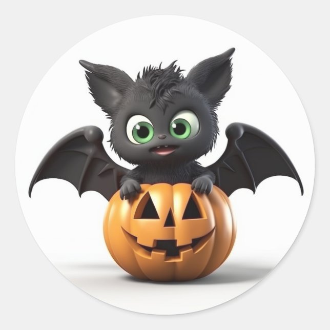 Cute halloween bat on pumpkin classic round sticker (Front)