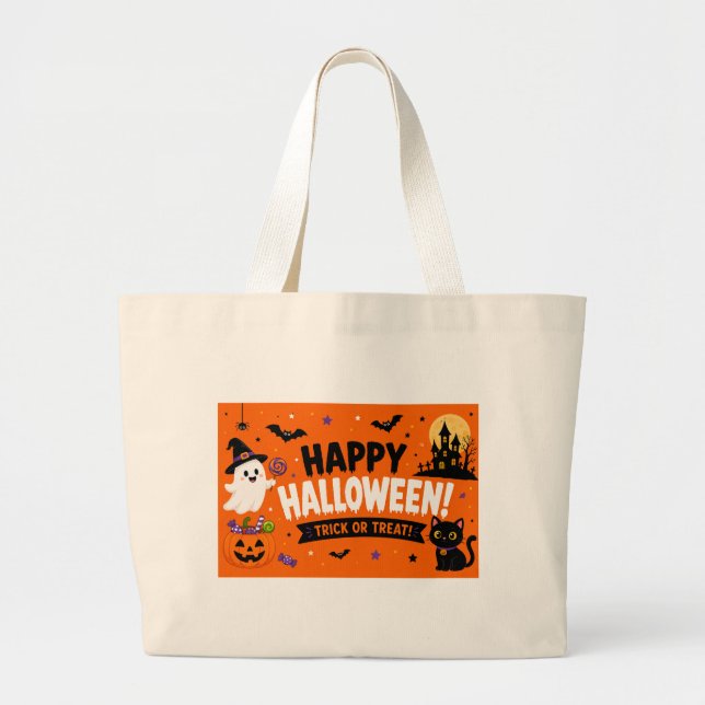 Cute Halloween Bat & Spider Pattern – Orange Hallo Large Tote Bag (Front)
