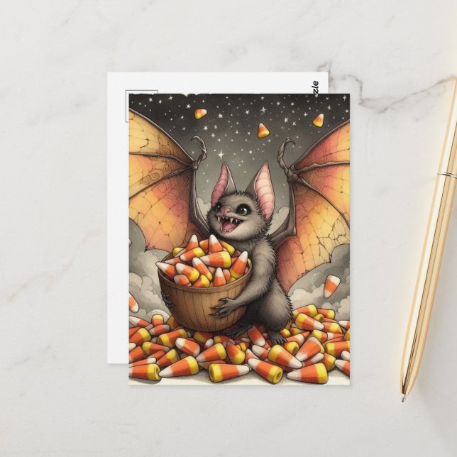 Cute Halloween Bat With Candy Postcard (Front/Back In Situ)