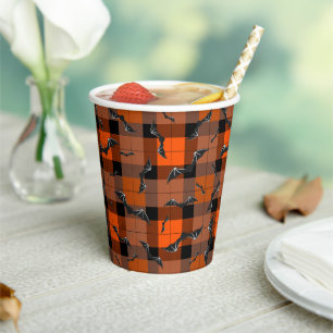 Cute Halloween Bats On Plaid Paper Cups