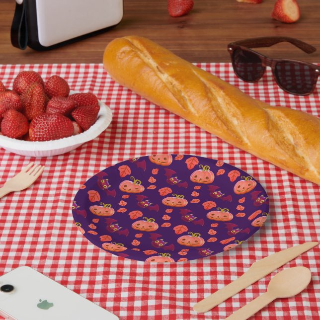 Cute Halloween Bats Pumpkins Pattern Paper Plate (Picnic)