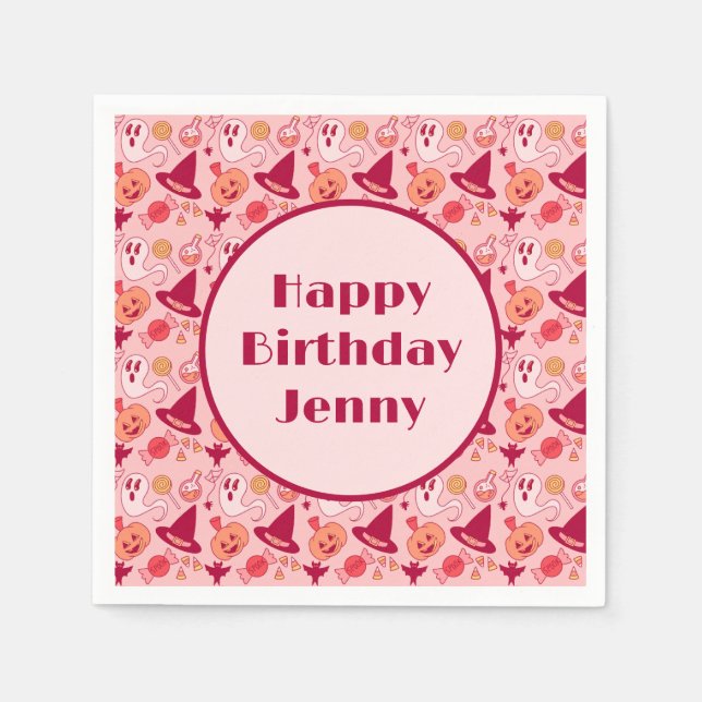 Cute Halloween Birthday Add Girl's Name Pink Napkin (Front)