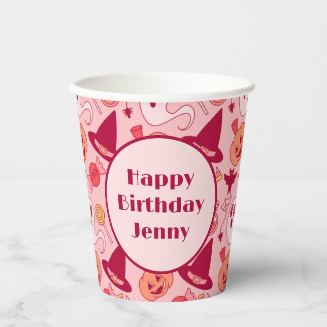 Cute Halloween Birthday Add Girl's Name Pink Paper Cups (Front)