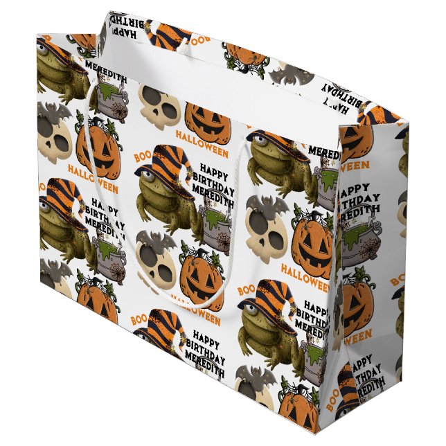 Cute Halloween Birthday Add Name Ghosts Pumpkins Large Gift Bag (Back Angled)