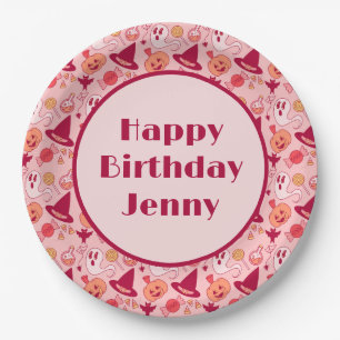Cute Halloween Birthday Add Name Pink Pastel Paper Plate