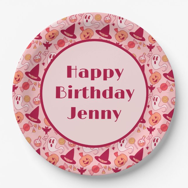 Cute Halloween Birthday Add Name Pink Pastel  Paper Plate (Front)