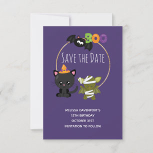 Cute Halloween Birthday Cat, Bat & Mummy Boo Save The Date